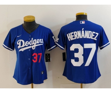 Women's Los Angeles Dodgers #37 Teoscar Hernandez Number Blue Cool Base Stitched Jersey