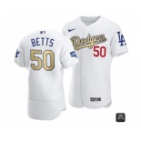 Women's Los Angeles Dodgers #50 Mookie Betts 2021 White Gold World Series Champions Patch Stitched Baseball Jersey