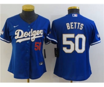 Women's Los Angeles Dodgers #50 Mookie Betts Blue Gold Championship Cool Base Stitched Baseball Jersey