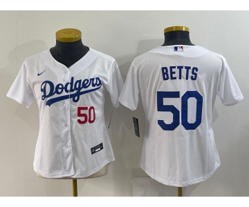 Women's Los Angeles Dodgers #50 Mookie Betts White With Red Stitched MLB Cool Base Nike Jersey