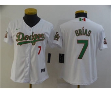 Women's Los Angeles Dodgers #7 Julio Urias White Green 2020 World Series Stitched Baseball Jersey