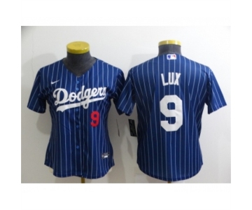 Women's Los Angeles Dodgers #9 Gavin Lux Navy Blue Pinstripe Stitched MLB Cool Base Nike Jersey