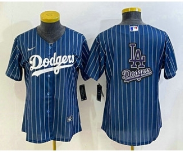 Women's Los Angeles Dodgers Big Logo Navy Blue Pinstripe Stitched MLB Cool Base Nike Jerseys