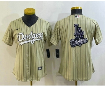 Women's Los Angeles Dodgers Big Logo Number Cream Pinstripe Stitched MLB Cool Base Nike Jerseys