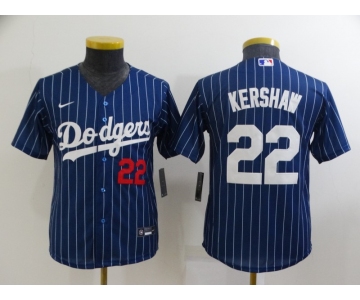 Youth Los Angeles Dodgers #22 Clayton Kershaw Navy Blue Pinstripe Stitched MLB Cool Base Nike Jersey