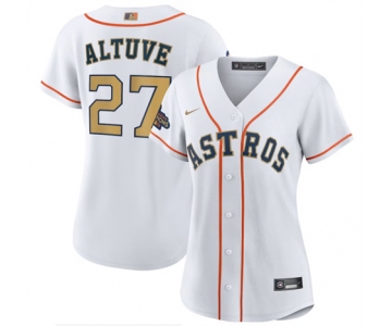 Women's Houston Astros #27 Jose Altuve 2023 White Gold World Series Champions Stitched Baseball Jersey