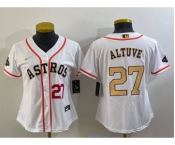 Women's Houston Astros #27 Jose Altuve Number 2023 White Gold World Serise Champions Patch Cool Base Stitched Jersey