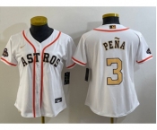 Women's Houston Astros #3 Jeremy Pena 2023 White Gold World Serise Champions Patch Cool Base Stitched Jersey