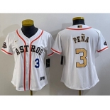 Women's Houston Astros #3 Jeremy Pena Number 2023 White Gold World Serise Champions Patch Cool Base Stitched Jersey1