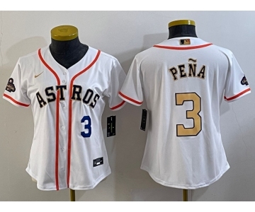 Women's Houston Astros #3 Jeremy Pena Number 2023 White Gold World Serise Champions Patch Cool Base Stitched Jersey1