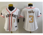 Women's Houston Astros #3 Jeremy Pena Number 2023 White Gold World Serise Champions Patch Cool Base Stitched Jersey