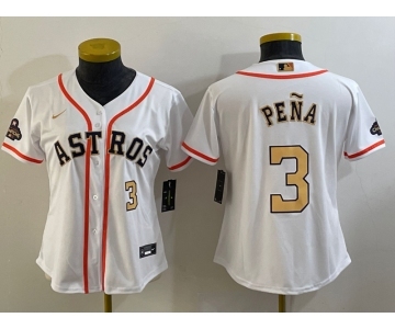 Women's Houston Astros #3 Jeremy Pena Number 2023 White Gold World Serise Champions Patch Cool Base Stitched Jersey