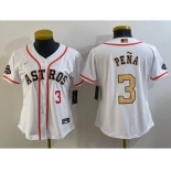 Women's Houston Astros #3 Jeremy Pena Number 2023 White Gold World Serise Champions Patch Cool Base Stitched Jerseys