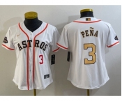 Women's Houston Astros #3 Jeremy Pena Number 2023 White Gold World Serise Champions Patch Cool Base Stitched Jerseys