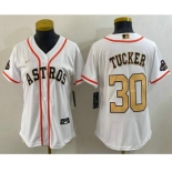 Women's Houston Astros #30 Kyle Tucker 2023 White Gold World Serise Champions Patch Cool Base Stitched Jersey