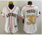 Women's Houston Astros #30 Kyle Tucker 2023 White Gold World Serise Champions Patch Cool Base Stitched Jersey