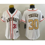 Women's Houston Astros #30 Kyle Tucker Number 2023 White Gold World Serise Champions Patch Cool Base Stitched Jersey1