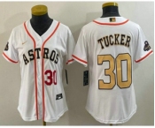 Women's Houston Astros #30 Kyle Tucker Number 2023 White Gold World Serise Champions Patch Cool Base Stitched Jersey1