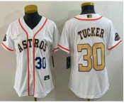 Women's Houston Astros #30 Kyle Tucker Number 2023 White Gold World Serise Champions Patch Cool Base Stitched Jersey