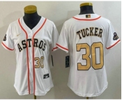 Women's Houston Astros #30 Kyle Tucker Number 2023 White Gold World Serise Champions Patch Cool Base Stitched Jerseys