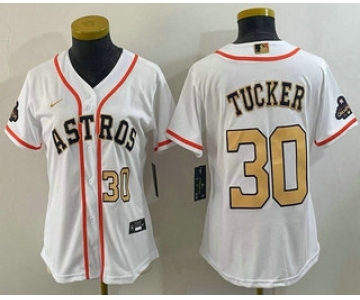 Women's Houston Astros #30 Kyle Tucker Number 2023 White Gold World Serise Champions Patch Cool Base Stitched Jerseys