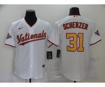 Men's Nike Washington Nationals #31 Max Scherzer White Gold Cool Base Home Stitched Baseball Jersey