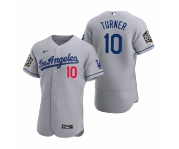 Los Angeles Dodgers #10 Justin Turner Nike Gray 2020 World Series Authentic Road Jersey