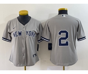 Women's New York Yankees #2 Derek Jeter Grey No Name Stitched Cool Base Jersey