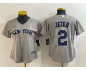 Women's New York Yankees #2 Derek Jeter Name 2021 Grey Field of Dreams Cool Base Stitched Jersey