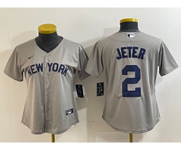 Women's New York Yankees #2 Derek Jeter Name 2021 Grey Field of Dreams Cool Base Stitched Jersey