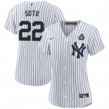 Women's New York Yankees #22 Juan Soto White 2024 World Series With Name Cool Base Stitched Baseball Jersey