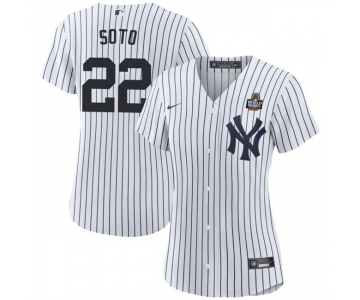 Women's New York Yankees #22 Juan Soto White 2024 World Series With Name Cool Base Stitched Baseball Jersey