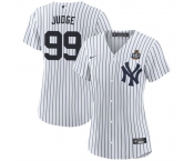 Women's New York Yankees #99 Aaron Judge White 2024 World Series With Name Cool Base Stitched Baseball Jersey