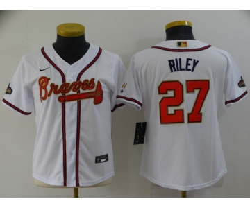 Women's Atlanta Braves #27 Austin Riley 2022 White Gold World Series Champions Program Cool Base Stitched Jersey