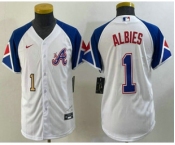 Youth Atlanta Braves #1 Ozzie Albies Number White 2023 City Connect Cool Base Stitched Jersey