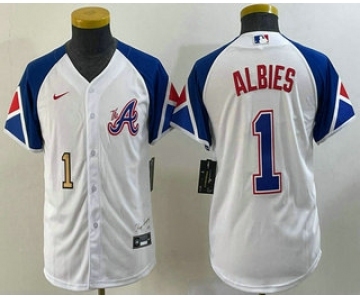 Youth Atlanta Braves #1 Ozzie Albies Number White 2023 City Connect Cool Base Stitched Jersey