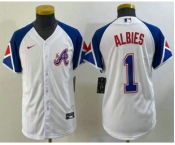 Youth Atlanta Braves #1 Ozzie Albies White 2023 City Connect Cool Base Stitched Jersey