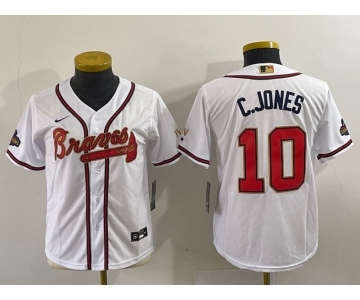 Youth Atlanta Braves #10 Chipper Jones 2022 White Gold World Series Champions Cool Base Stitched Jersey