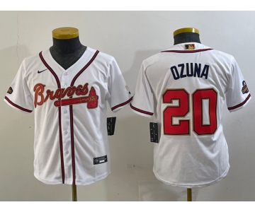 Youth Atlanta Braves #20 Marcell Ozuna White Gold World Series Champions Cool Base Stitched Jersey