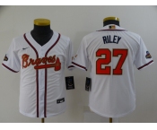 Youth Atlanta Braves #27 Austin Riley 2022 White Gold World Series Champions Program Cool Base Stitched Jersey