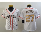 Youth Houston Astros #27 Jose Altuve 2023 White Gold World Serise Champions Patch Cool Base Stitched Jersey