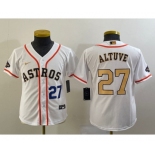 Youth Houston Astros #27 Jose Altuve Number 2023 White Gold World Serise Champions Patch Cool Base Stitched Jersey1