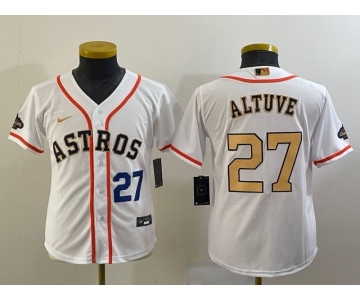 Youth Houston Astros #27 Jose Altuve Number 2023 White Gold World Serise Champions Patch Cool Base Stitched Jersey1