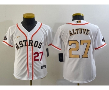 Youth Houston Astros #27 Jose Altuve Number 2023 White Gold World Serise Champions Patch Cool Base Stitched Jersey