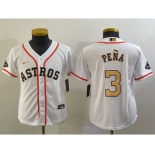 Youth Houston Astros #3 Jeremy Pena 2023 White Gold World Serise Champions Patch Cool Base Stitched Jersey