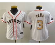 Youth Houston Astros #3 Jeremy Pena 2023 White Gold World Serise Champions Patch Cool Base Stitched Jersey