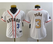 Youth Houston Astros #3 Jeremy Pena Number 2023 White Gold World Serise Champions Patch Cool Base Stitched Jersey1