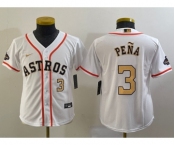 Youth Houston Astros #3 Jeremy Pena Number 2023 White Gold World Serise Champions Patch Cool Base Stitched Jersey