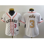 Youth Houston Astros #3 Jeremy Pena Number 2023 White Gold World Serise Champions Patch Cool Base Stitched Jerseys