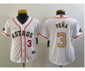 Youth Houston Astros #3 Jeremy Pena Number 2023 White Gold World Serise Champions Patch Cool Base Stitched Jerseys